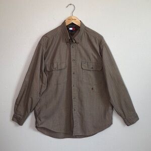 TOMMY HILFIGER Men L Vintage Long Sleeve Brown Micro Houndstooth Cotton Shirt